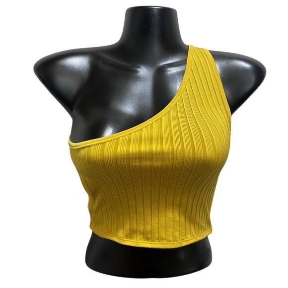 UO Out From Under Crop Top Cutout XS/S Gold Mustard Ribbed One Shoulder - Picture 1 of 8
